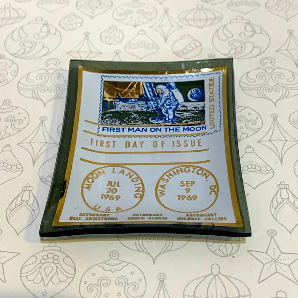 Glass tray Astronaut moon landing post office stamp 3”